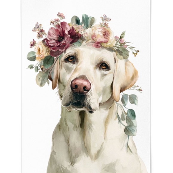 Watercolor Labrador Retriever with Flower Crown Portrait Wall Art Print Unframed - Picture 2 of 7
